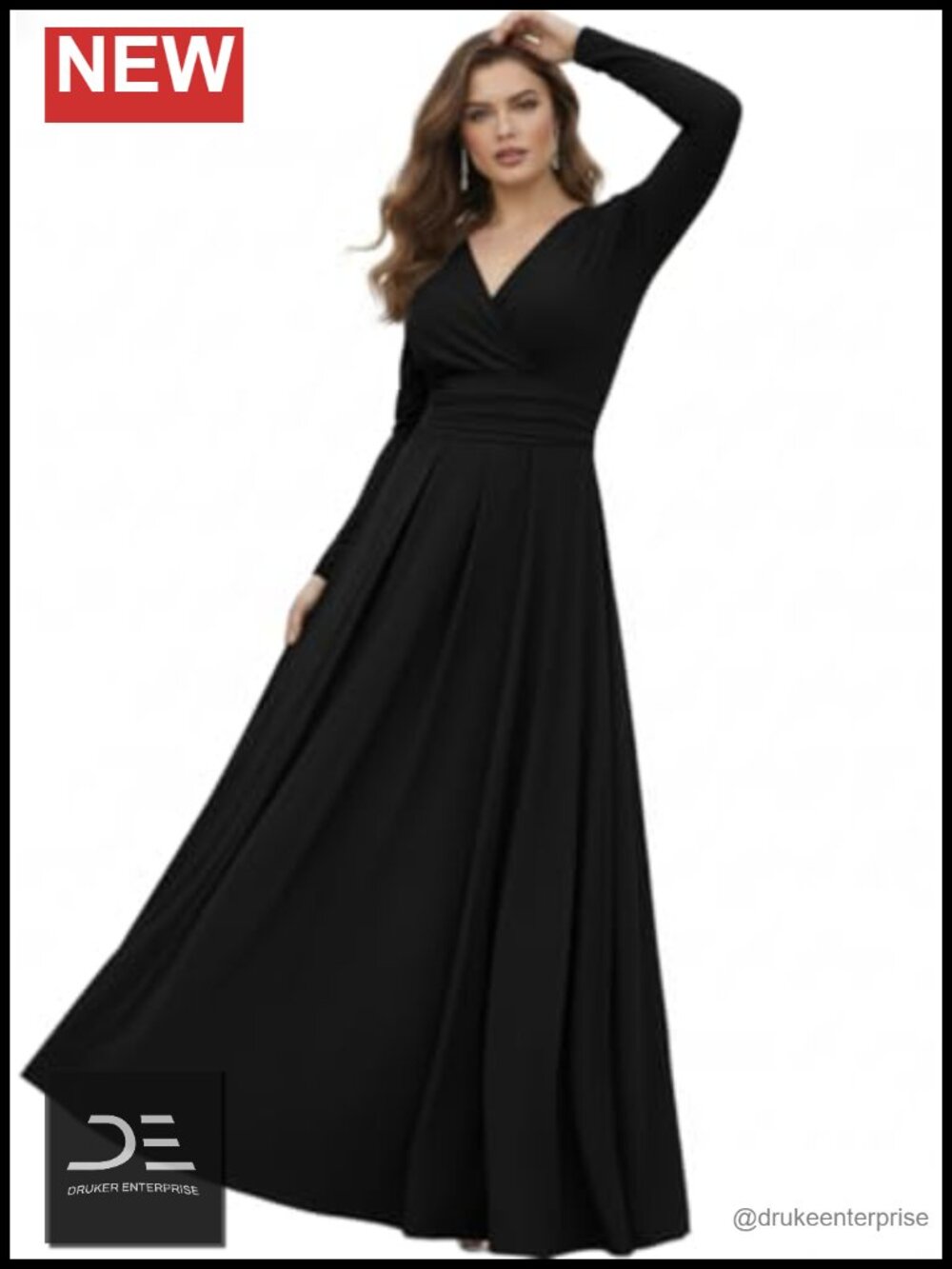 Long Sleeve V-Neck Pleated Maxi Dress Formal Modest